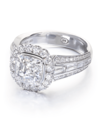 Cushion cut diamond halo engagement ring with baguette and round diamond setting